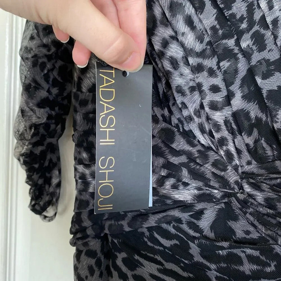 TADASHI SHOJI Leopard Print Graphite Gray Ruched Dress Size XS NWT Party - Picture 5 of 7